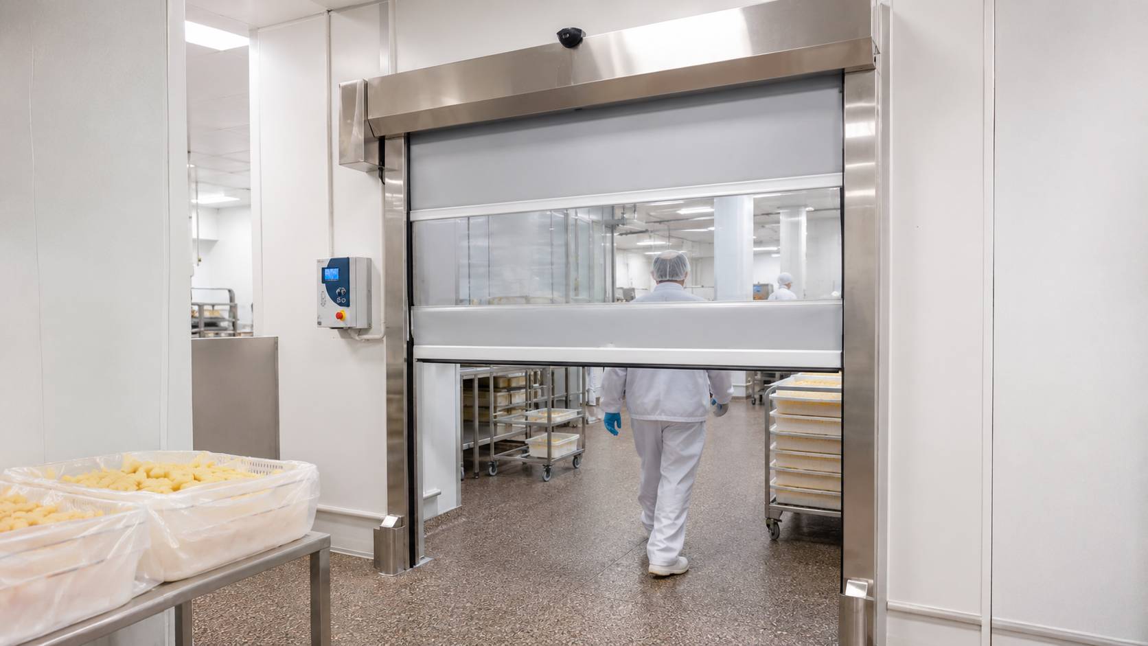 PVC high speed door with safety sensor for pedestrian access in a clean production area
